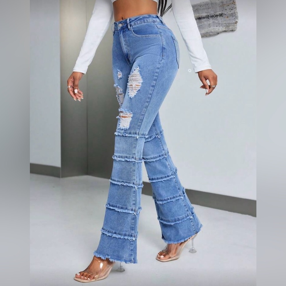 Women's Distressed Flare Jeans - Blue